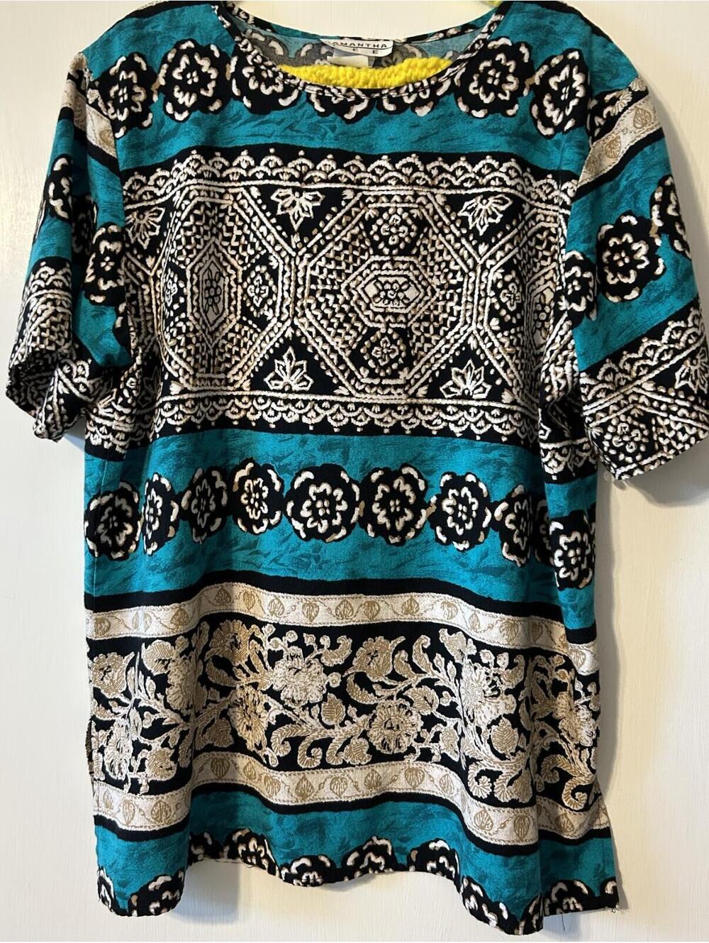 Samantha Lee L womens teal and black Boho style short sleeve shirt